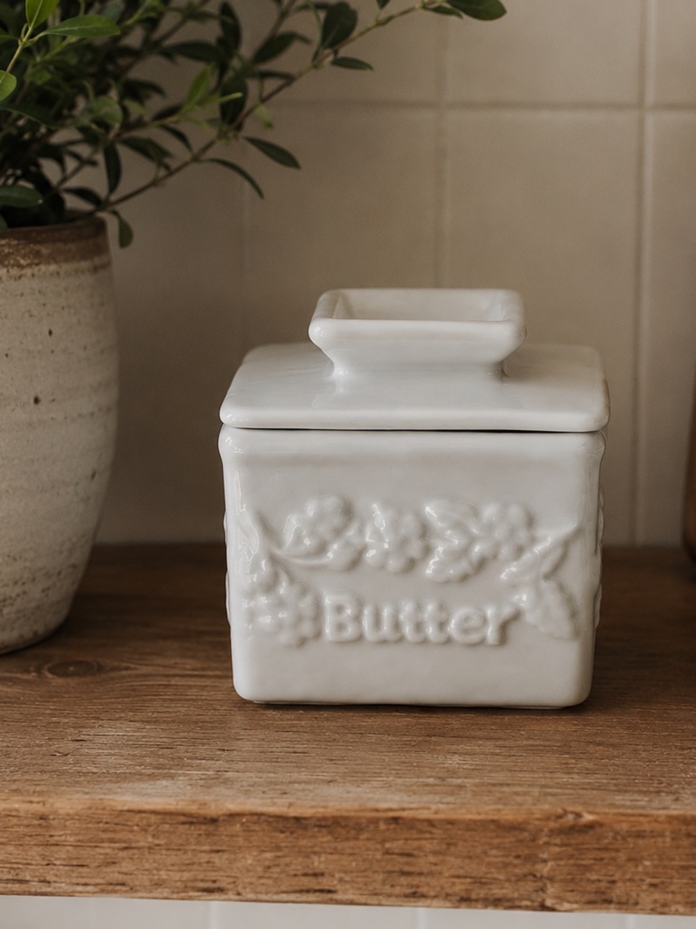 Vintage White Square Butter Bell Keeper Crock | French Country Farmhouse Cottage